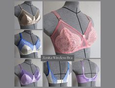 six different bras on mannequin torsos in various colors