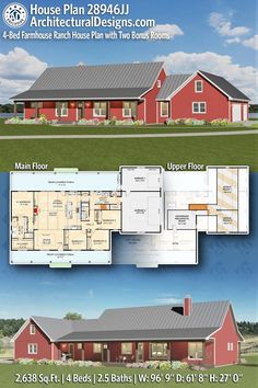 two story house plan with 3 bedroom and 2 bathrooms on each floor, in the middle of