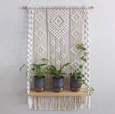 three potted plants are sitting on a shelf in front of a macrame wall hanging