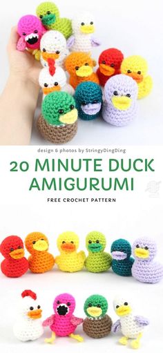 the crochet pattern for 20 minute duck amigurmi is shown in different colors