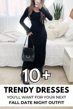 trendy fall dresses for women fall date night outfits Non-stretch Maxi Length Dress For Date Night, Stretch Full-length Dress For Date Night, Trendy Non-stretch Dress For Date Night, Non-stretch Dress For Date Night In Fall, Fall Dates, Cable Knit Turtleneck Sweater, Night Dress For Women