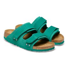 Green Leather Footbed Sandals With Cushioned Footbed, Green Leather Footbed Sandals, Comfortable Suede Sandals With Buckle Closure, Suede Sport Sandals With Removable Insole, Green Suede Sandals With Leather Footbed, Comfortable Suede Double Strap Footbed Sandals, Comfortable Double Strap Suede Footbed Sandals, Green Suede Sandals With Removable Insole, Suede Double Strap Sandals With Textured Footbed