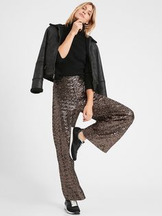 Wide Leg Sequin Pants Outfit, Sequin Pants Outfit, Sequins Pants Outfit, Gold Sequin Pants, Sequin Pant, Holiday Pants, Black Turtleneck Sweater, Sequin Pants, Petite Shorts