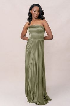 Model: April; Size: 4; Color: Moss Satin Pleated Dress, Elevated Wedding, Floral Satin Dress, Pleated Satin Dress, European Garden, Bridal Party Outfit, Bridesmaid Attire, Party Outfits, Bra Cups