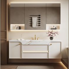 a modern bathroom with two sinks and mirrors on the wall next to a vase filled with flowers