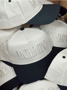 MOMMIN' - this tone on tone trucker hat is perfect for the mom on the go! Twill cap Made in USA Embroidery at front and side panel Adjustable back strap Brim measures approx 3" in lengthOS measures approx 23.55" in circumference Hot Moms Club, Usa Embroidery, Vintage Trucker Hat, Vintage Trucker Hats, School Collection, Hat Embroidery, Tone On Tone, Vintage Hat, Too Busy