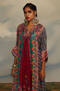 Multicolor tunic with geometric, stripe print and front gathered detailing. - Aza Fashions Rajdeep Ranawat, Print Tunic, Womens Tunics, Aza Fashion, Stripe Print, Geometric Print, Silk Printing, Three Quarter, Tunics