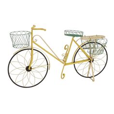 a yellow bicycle with a basket on the front