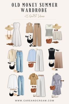 Upgrade your summer look with our Old Money Summer Capsule Wardrobe! We've put together 15 elegant outfit ideas that will awaken your old money style with a mix of 25+ chic summer essentials. Feel confident owning your aesthetic this summer with the relaxed yet refined old money summer style. These outfit ideas are truly an inspiration for crafting your timeless capsule wardrobe. Plus: old money look, old money summer outfits, quiet luxury. Feel Good Outfits, Classy Summer Outfits Old Money, Summer 2024 Capsule Wardrobe, Capstone Wardrobe, Old Money Aesthetic Summer Outfit, Casual Old Money Outfits, Summer Old Money Outfits, Old Money Wardrobe Essentials, Old Money Outfits Summer