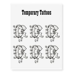 temporary tattoos with the letters q and o in black ink on white paper, set of 6