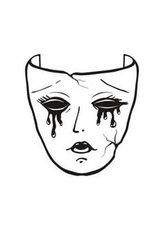 a black and white drawing of a person with tears on their face, in the shape of a mask