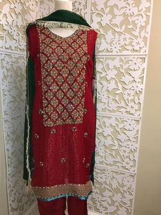 Red Zari & Stone Embroidery Chiffon Shalwar KameezLarge | Etsy Designer Green Shantoon Sharara, Designer Red Georgette Lawn Suit, Red Anarkali Lawn Suit In Chinon, Traditional Green Churidar In Shantoon, Eid Anarkali Dupatta With Stone Work, Red Chinon Anarkali Lawn Suit, Traditional Green Lawn Suit For Party, Festive Green Traditional Wear In Shantoon, Semi-stitched Stone Work Dresses For Designer Wear