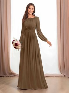 #color_Mocha Long Sleeve Chiffon Dress For Wedding, Elegant Long Sleeve Bridesmaid Dress For Banquet, Evening Chiffon Long Sleeve Dress, Fitted Long Sleeve Chiffon Wedding Dress, Fitted Long Sleeve Chiffon Dress For Wedding, Fitted Long Sleeve Chiffon Prom Dress, Fitted Long Sleeve Chiffon Dress For Prom, Solid Color Long Sleeve Chiffon Evening Dress, Flowy Long Sleeve Chiffon Dress For Wedding Guest