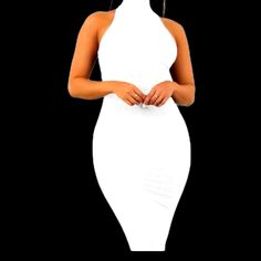 Dress Is A Hi Neck Sleeveless Creamy Dress With Rouching Along The Sides. A Curve Hugging Sexy Fit And New With Tags. Smoke Free Home. White Fitted Midi Dress For Club, White High Neck Mini Dress For Party, Fitted White Dress For Club, White Fitted Club Dress, Fitted White Backless Bodycon Dress, White Midi-length Bodycon Dress For Club, White Stretch Midi Length Bodycon Dress, White Fitted Backless Bodycon Dress, White Stretch Midi Bodycon Dress