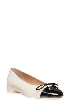 A metallic cap toe puts an edgier twist on a pretty and poised ballet flat finished with a hardware-tipped bow. Leather or leather and textile upper/synthetic lining and sole Made in Spain Bow Flats, Ballet Flat, Womens Flats, Stuart Weitzman, Ballet Flats, Sea Shells, Spain, Ballet, Nordstrom