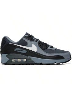 Nike 
Black & Gray Air Max 90 GTX Sneakers 
Low-top paneled GORE-TEX® ripstop and grained leather sneakers in black and gray. 
. Rubberized trim throughout 
. Lace-up closure 
. Logo embroidered at padded tongue 
. Padded collar 
. Swoosh appliqué at sides 
. Rubberized logo appliqué at heel tab 
. Mesh lining 
. Air Sole unit at foam rubber midsole 
. Treaded rubber outsole 
Please note that this item may be shipped only within North America. 
Supplier color: Dark smoke grey/Cool grey/Black/Sum Casual Athletic Shoes, Couple Shoes, Casual Athletic, Outdoor Shoes, Nike Black, Gore Tex, Logo Embroidered, Leather Sneakers, Black Nikes