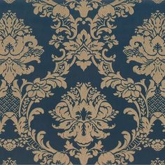 a blue and gold wallpaper with an ornate design on it's side,