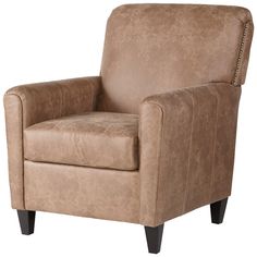 a brown chair with studding on the armrests