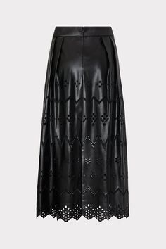 The Jolene skirt is made from our buttery soft vegan leather that feels like the real thing. It’s a full swingy skirt accented with eyelet embroidery detail that falls to a midi, scalloped hemline. Wear it with its coordinating Lois Eyelet Crop Top. Vegan Leather Skirt, Eyelet Embroidery, Black Leather Skirts, Maxi Dress Cocktail, Cocktail Evening Dresses, Denim Coat Jacket, Swimsuit Cover Ups, Denim Coat, Swimsuit Cover