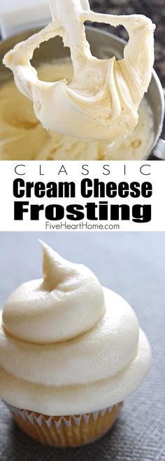 an image of cream cheese frosting in a cupcake pan with text overlay