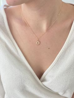 Dainty necklace, Sun Necklace, gold necklace, layering necklace, sun necklace, dainty gold jewelry, minimal jewelry ♥Add some light & sparkle to your day with this beautiful cubic zirconia sun necklace ♥Wear this necklace alone or layer it with your favorites. ♥A delicate 14k gold filled chain, with a hint of shimmer adorned with an 18k gold plated cz pendant ♥Pendant measures 15mm x 10mm ♥LENGTH - Please choose your desired chain length from the drop down menu when checking out ♥Comes beautiful Small Gold Pendant Designs For Women, Minimal Gold Pendant, Unique Gold Pendant Designs For Women, Small Pendant Design, Sun Gold Necklace, Gold Chains For Women Design, Aesthetic Gold Necklace, Gold Chain Designs For Women, Minimal Jewelry Necklace