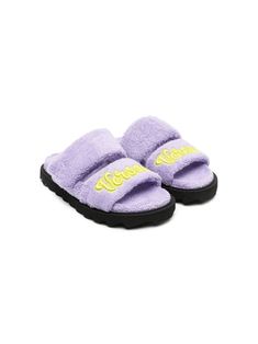 lilac purple/lime green logo patch to the front strap detailing open toe slip-on style Fluffy Shoes, Versace Kids, Versace Fashion, Shoes Teen, Green Logo, Girly Shoes, Kenzo Kids, Kids Slide