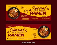 two banners with food items on them and the words special ramen written in large letters