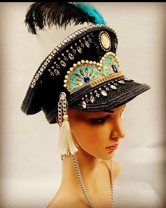 This is a black captain hat.Handcrafted  newspaper print ,with pearls and jewels ,chain , tassels and feather. Truly A feast for the eyes! It is size 59 cm making it a hat that fits most heads making it a free size. This is a hand crafted one off hat made with love, No two hats are the same Burningman Festival, Newspaper Print, Newspaper Printing, Ibiza Fashion, Costume Hats, Petite Women, Burning Man, Hat Making, Top Hat