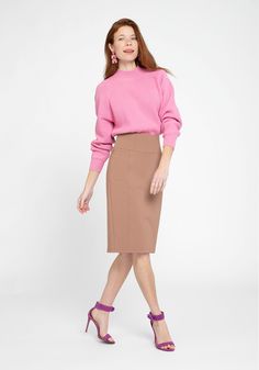 Steal the show in the Power Down Skirt. With a sleek look and comfortable fit, it's a polished and versatile piece for work and play. Remarkably stretchy with super deep pockets, it’s a skirt you can do anything in. This is a high-waist skirt with a slim fit through hips and legs, designed to hit just below the knee. Features 2 zippered front pockets, 2 back pockets, 4” elastic waistband, and back vent. 26” Length for size Small, 24” for Small Petite. Wrinkle-resistant ponte with 4-way stretch ( Shirt Skirt Outfit, Corporate Wardrobe, Tan Shirt, Sport Sweater, You Can Do Anything, Style And Grace, Sleek Look, Shirt Skirt, Powerful Women