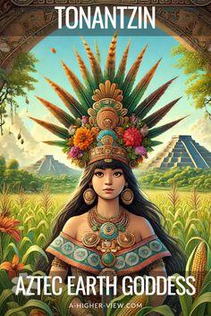 an image of a woman with feathers on her head in front of the sun and pyramids