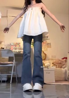 Inari Outfit, Light Aesthetic Outfits, Cutecore Outfit With Pants, Dress Over Jeans Korean, Sawako Inspired Outfits, Sawako Outfit Ideas, Dress Jeans Outfit, Summer Outfits Asian, Cute Japanese Outfits