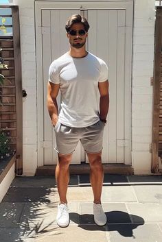 25+ Trending Summer Grey Shorts Outfits for Men (2024) 10 Grey Athletic Shorts Outfit, Sneaker Summer Outfit, Guys Beach Outfit, Grey Shorts Outfit Men, Shorts Outfit Men, Athletic Shorts Outfit