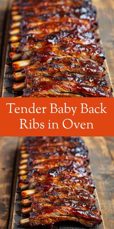 tender baby back ribs in oven on a cutting board with text overlay that reads tender baby back ribs in oven