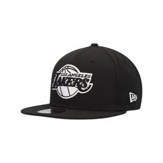 the los angeles lakers black and white snapback hat is shown in front of a white background