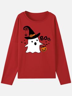 Women Halloween Sweatshirt Boo Pumpkins Funny Humor Print Sweatshirt Red Long Sleeve T-shirt With Cartoon Print, Casual Long Sleeve Halloween T-shirt, Red Cartoon Print Sweatshirt For Fall, Red Long-sleeve T-shirt With Cartoon Print, Red Long Sleeve Top For Halloween, Red Long Sleeve Tops For Halloween, Spooky Long Sleeve T-shirt For Winter, Spooky Long Sleeve Halloween Tops, Red Long Sleeve T-shirt For Halloween