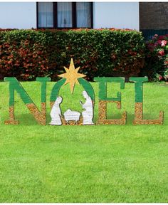 a sign that says noel on the grass in front of some bushes and shrubs with a star