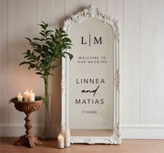 a white framed mirror sitting on top of a wooden floor next to a potted plant