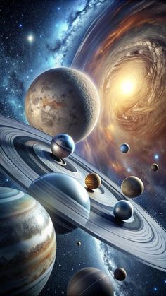 an artist's rendering of the solar system with its planets and sun in the background