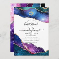 a purple and blue galaxy themed birthday party card