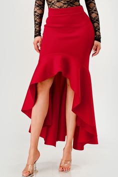 Add some flair to your wardrobe with our Ruffle Trim Asymmetrical Hem Mermaid Midi Skirt! This skirt features stylish ruffle trim and an asymmetric hem, giving you a unique and eye-catching look. Perfect for any occasion, this skirt is sure to make you feel confident and fashionable! MODEL WEARS SIZE MEDIUM. MODEL HEIGHT IS 5' 7". Elegant Fishtail Bottoms For Evening, Elegant Red Maxi Skirt For Night Out, Chic Mermaid Hem Skirt For Party, Chic High-low Hem Bottoms With Ruffles, Elegant Fitted Maxi Skirt With Layered Hem, Fitted Bottoms With Mermaid Hem For Evening, Chic Mermaid Hem Skirt For Evening, Fitted Mermaid Hem Bottoms For Evening, Evening Fitted Skirt With Ruffle Hem