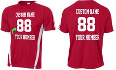 a red t - shirt with the name and number on it