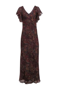 Make a stylish statement in this Lauren Ralph Lauren maxi dress! The precious paisley print in maroon, teal, and tan is perfect for an autumn event. With an elegant maxi length and romantic ruffled shoulder detail, you'll turn heads in this unique dress. Go glam with a strappy gold heel or add a pop of color with teal pumps. Size 10 100% Silk Lined Pullover V-neck Ruffled shoulder detail Maxi length Light fraying blemish at v-neckline Bust 34" Waist 30.5" Shoulder to hem 62.5" Elegant Paisley Print Maxi Dress For Fall, Sleeveless Paisley Print Maxi Dress For Party, Elegant Sleeveless Maxi Dress With Paisley Print, Elegant Sleeveless Paisley Print Maxi Dress, Elegant Sleeveless Paisley Maxi Dress, Brown Maxi Dress For Formal Fall Occasions, Brown Formal Maxi Dress For Fall, Fall Formal Brown Maxi Dress, Elegant Fitted Maxi Dress With Paisley Print