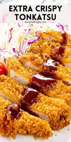 an extra crispy tonkatsu on a plate with coleslaw and ketchup