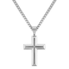 This contemporary cross necklace is made from quality stainless steel with satin finish for texture. Highlighting the design is a .03 carat total weight round diamond in the center. The cross hangs from a matching 24-inch stainless steel chain. White Gold Polished Cross Necklace, Silver Stainless Steel Cross Pendant Necklace, Silver Diamond Cut Pendant Cross Necklace, Elegant Stainless Steel Cross Pendant Necklace, Minimalist Silver Stainless Steel Cross Necklace, Elegant Stainless Steel Cross Necklace, Engraved Stainless Steel Cross Necklaces, Silver Stainless Steel Cross Necklace, White Gold Stainless Steel Cross Pendant Necklace