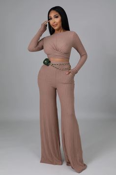 Long sleeves Ribbed knit Stretchy High waist wide leg pant Has pockets S 2-4 M 6-8 L 10-12 XL 14-16 Two-piece Long Sleeve Loungewear Pant Set, Two-piece Long Sleeve Pant Set For Loungewear, Chic Two-piece Long Sleeve Pant Set, Long Sleeve Tie Waist Jumpsuits For Loungewear, Long Sleeve Jumpsuit With Tie Waist For Loungewear, Long Sleeve Tie Waist Jumpsuits And Rompers For Loungewear, Chic Two-piece Pant Set With Long Sleeves, Spring Matching Set Long Sleeve Jumpsuits And Rompers, Spring Long Sleeve Matching Set Jumpsuits And Rompers