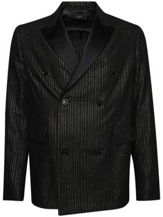 black gold-tone wool blend vertical stripe pattern shoulder pads long sleeves peak lapels double-breasted button fastening two side flap pockets straight hem Double Breasted Tuxedo, Gold Blazer, City Shorts, Versace Outfit, Tuxedo For Men, Blazer Black, Breasted Blazer, Summer Beach Wear, Double Breasted Blazer