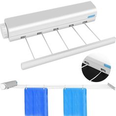 a white and blue towel rack with two towels hanging from it's sides next to the