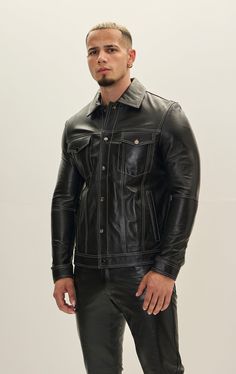 Crafted from premium leather, this jacket boasts durability and a luxurious feel. The leather is typically sourced from high-quality hides, ensuring a supple texture and robust performance. The stitching is often reinforced for longevity, emphasizing both style and functionality. SIZE + FITTailored fit, to find your correct size use the ''what's my size '' button. COMPOSITION 100% Lambskin LeatherMade in TurkeyStyle #: 71479CARESpecialist Leather Clean Only Winter Leather Jacket With Contrast Stitching, Black Single-breasted Leather Jacket For Streetwear, Classic Black Leather Jacket With Pockets, Leather Long Sleeve Outerwear With Contrast Stitching, Leather Jacket With Contrast Stitching For Work, Classic Leather Jacket With Contrast Stitching, Leather Outerwear With Contrast Stitching Long Sleeve, Black Single Breasted Biker Jacket For Work, Masculine Black Leather Jacket For Work