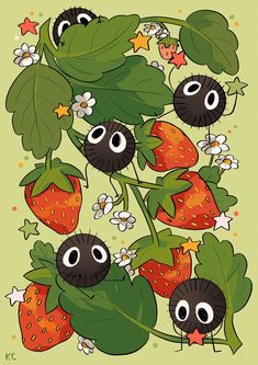 an illustration of strawberries with eyes and nose on them, surrounded by green leaves