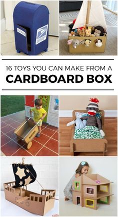 there are many different cardboard toys in the box and one has a boat on it